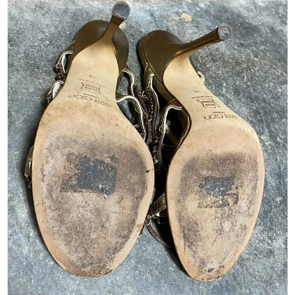 Jimmy Choo Gold Metallic Leather And Jewel Embellished Strappy Sandals - Picture 12 of 12